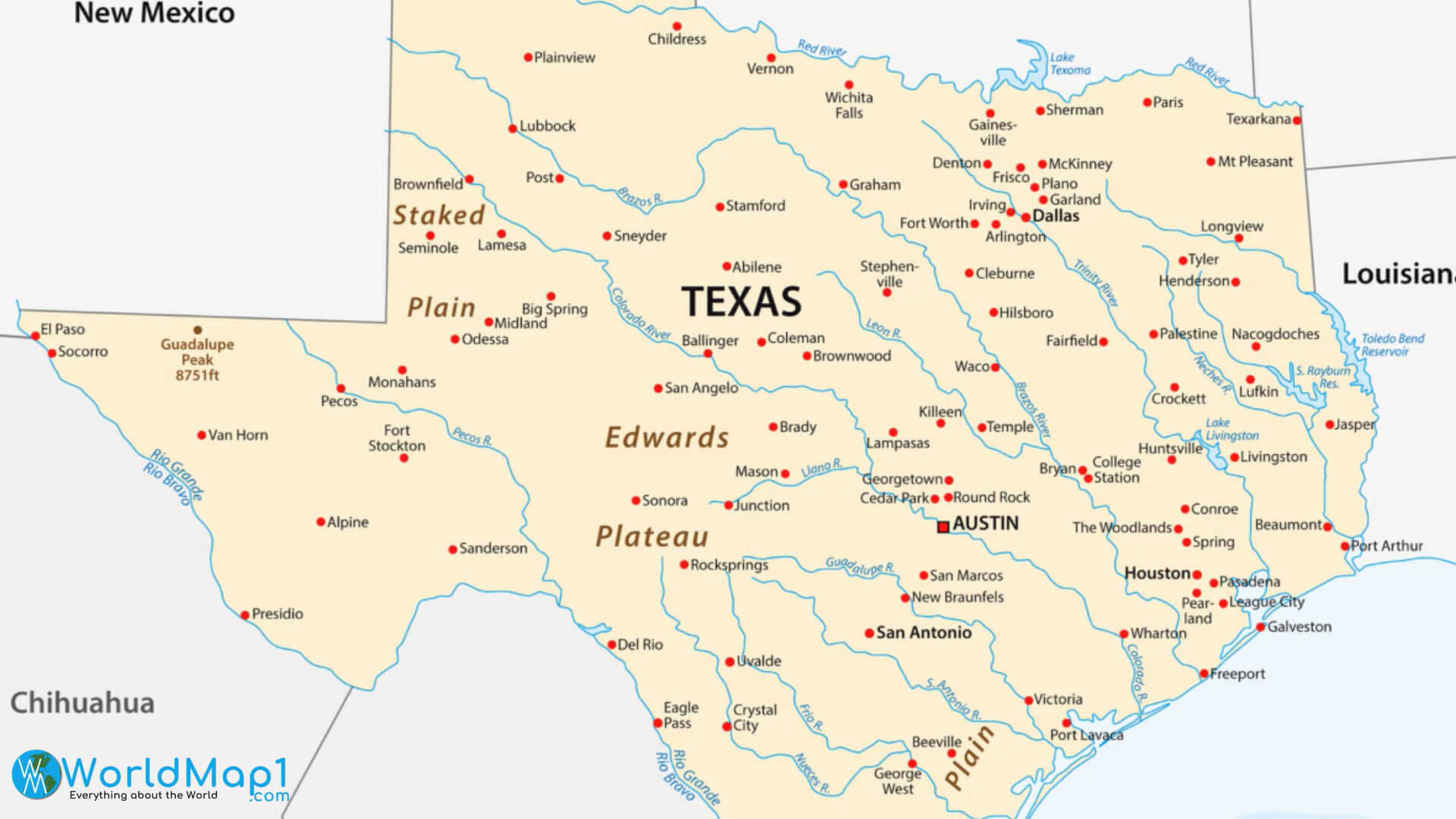 Texas Main Cities and Rivers Map